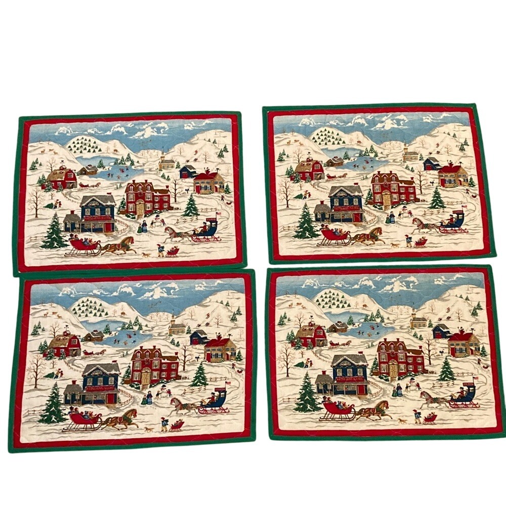 Handmade Hand Sewn Festive Holiday Village Placemats‎ Set of 4 17x12" Christmas